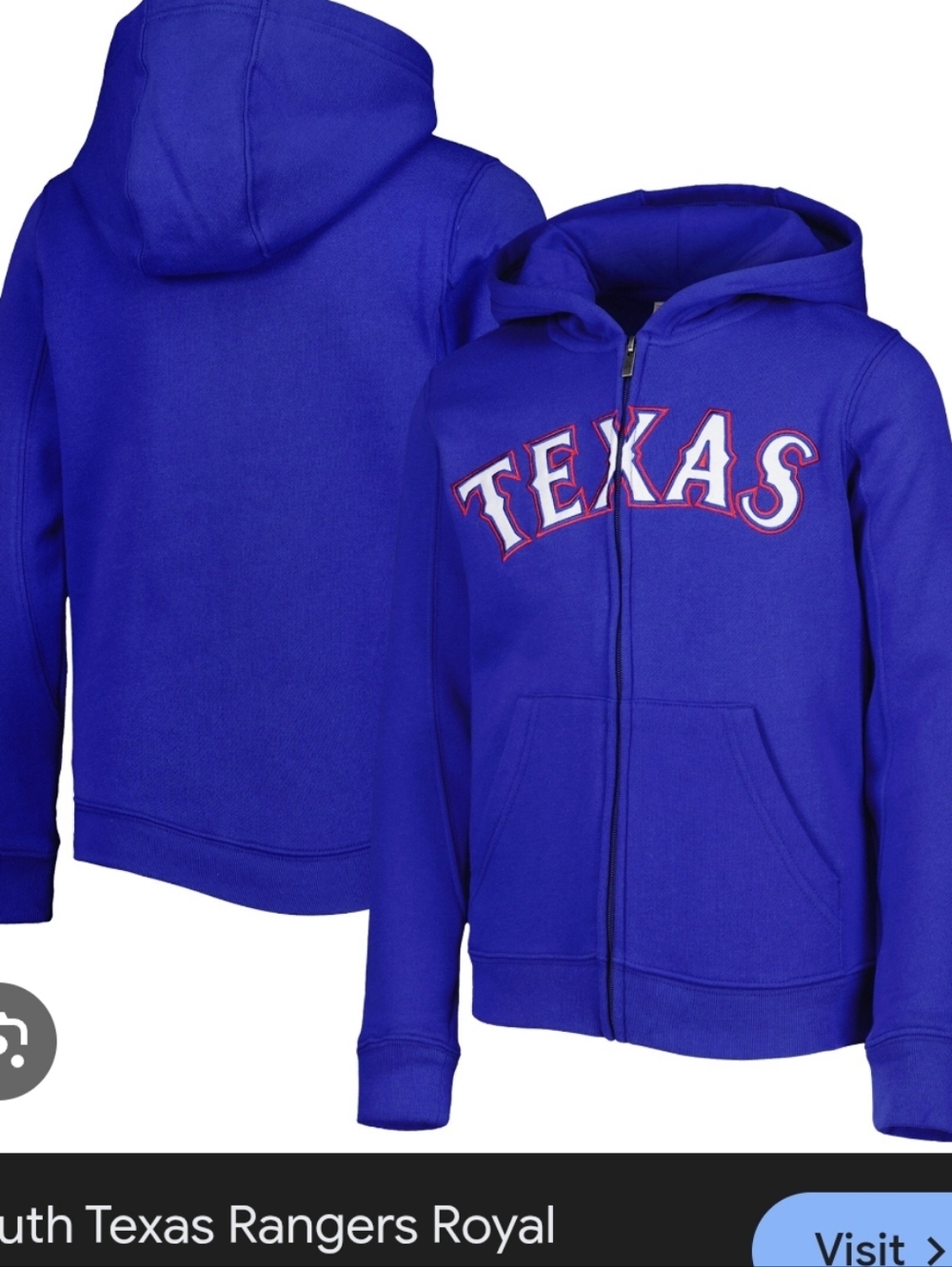 Texas Rangers zip-up hoodie manufactured by Stitches. 